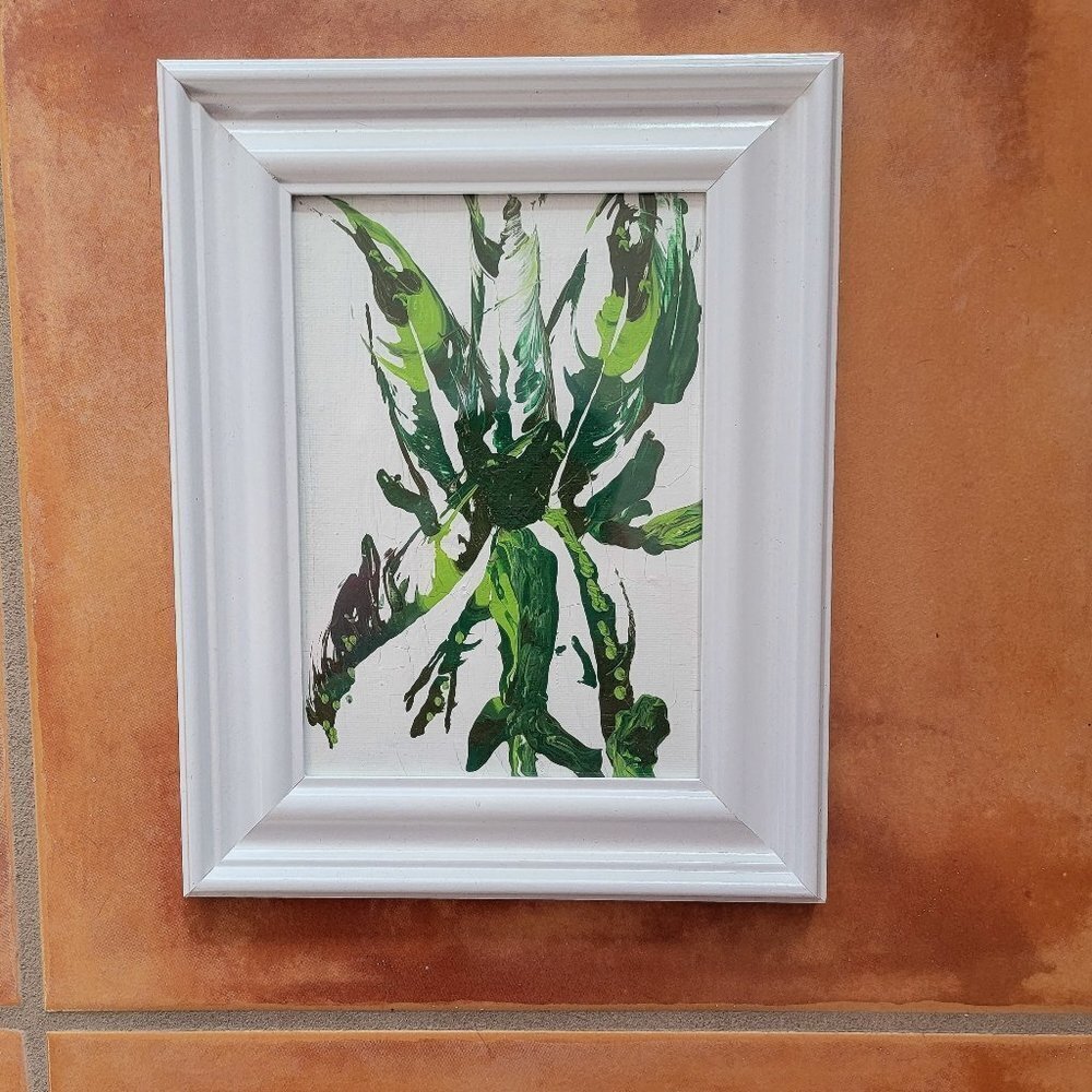 Hand Crafted Painting in Frame  White‎ with Green Leaves  - New